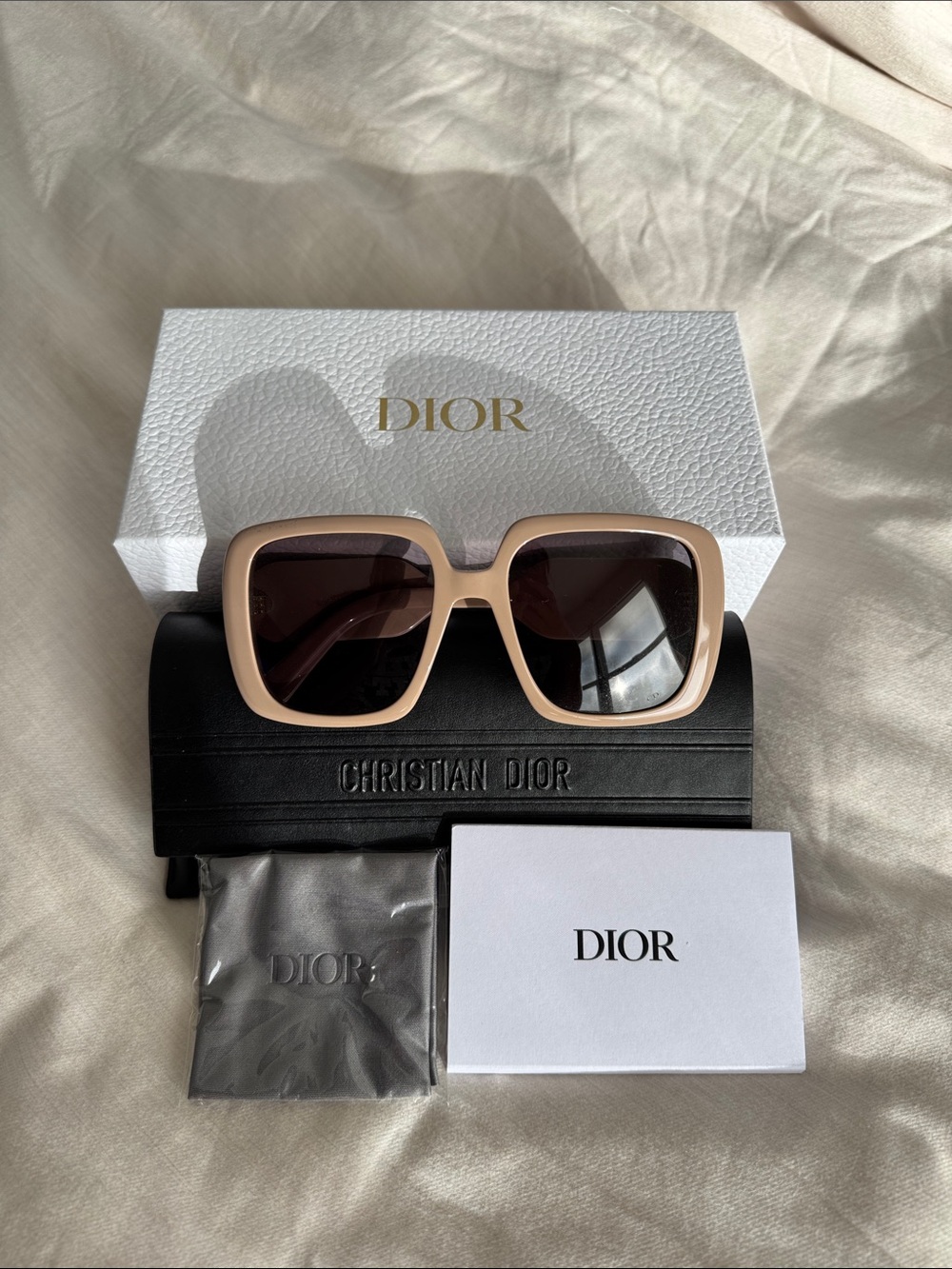 Dior Beige Square Sunglasses with Dark Lenses